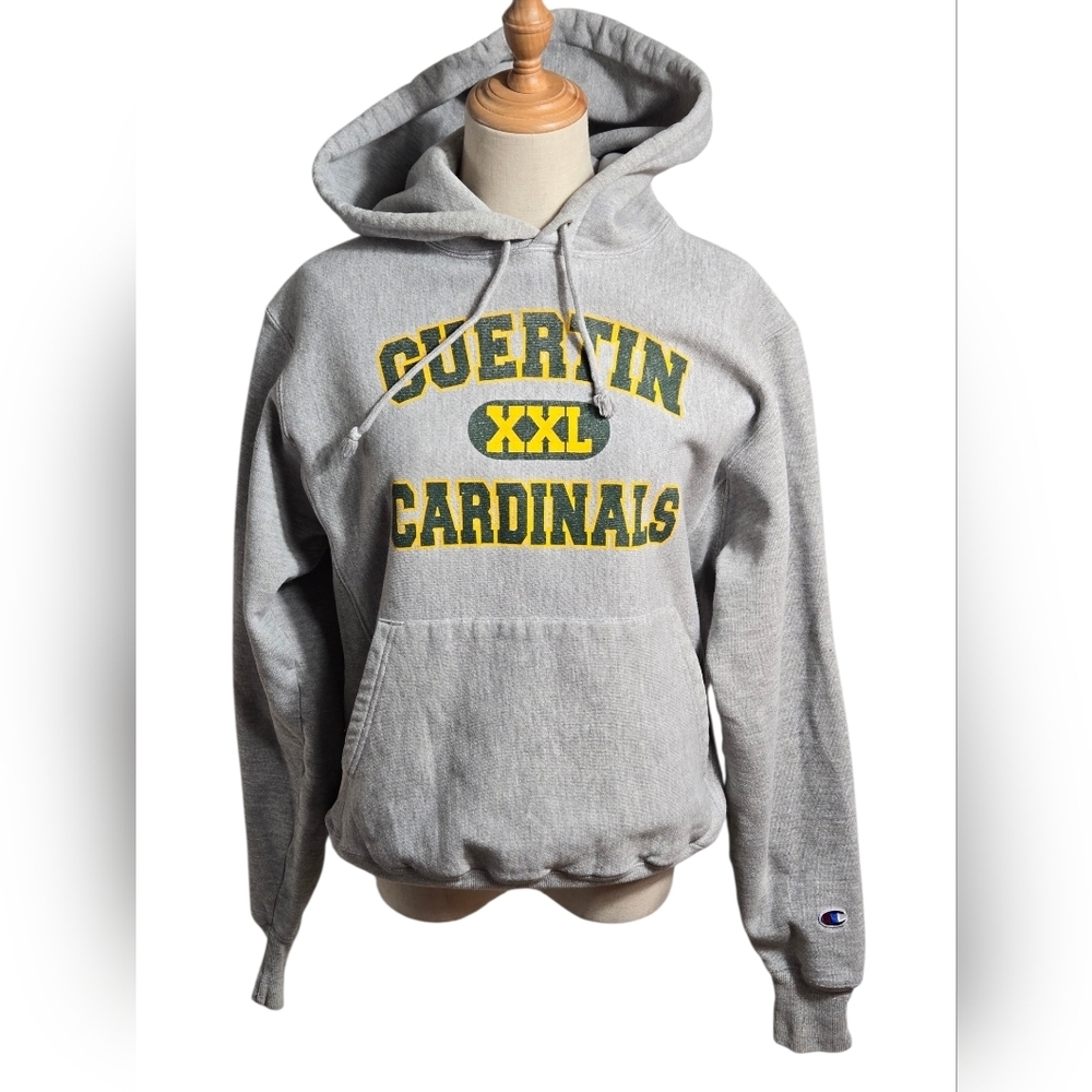 Champion Gray Vintage Reverse Weave Hoodie with Yellow and Green School Logo